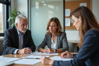 Trois adultes en réunion dans un bureau municipal