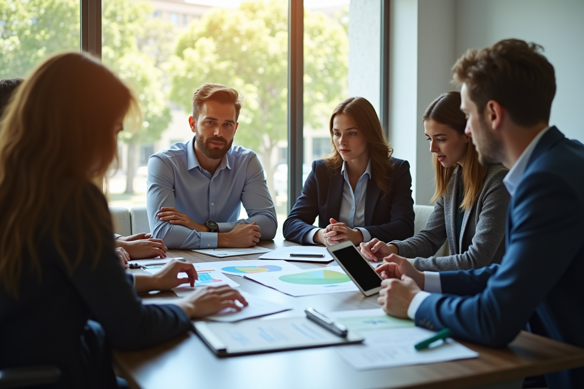 Groupe de professionnels discutant autour d'une table moderne