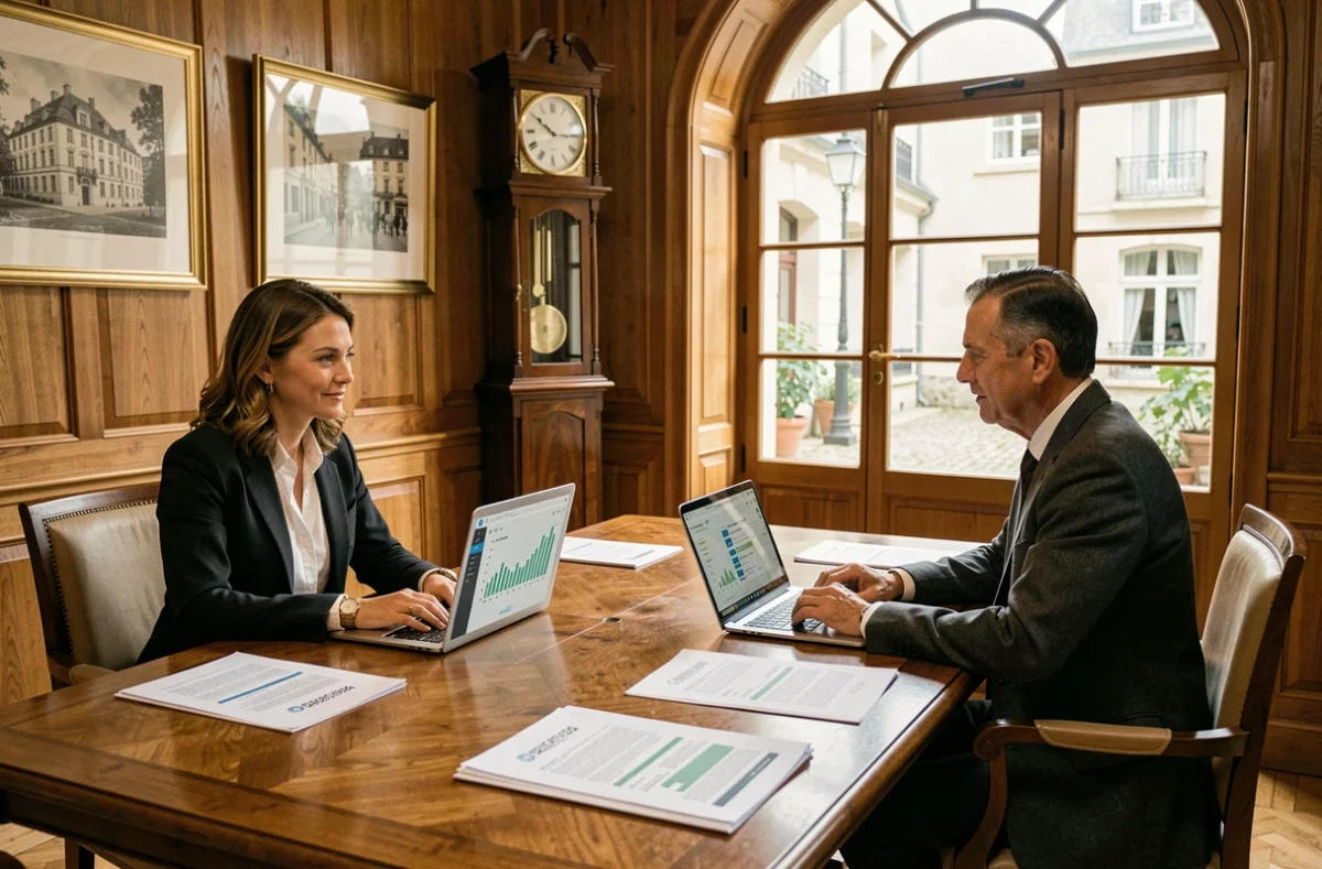 Deux professionnels de l'immobilier comparant les offres des grands réseaux lors d'une réunion en salle de conférence classique