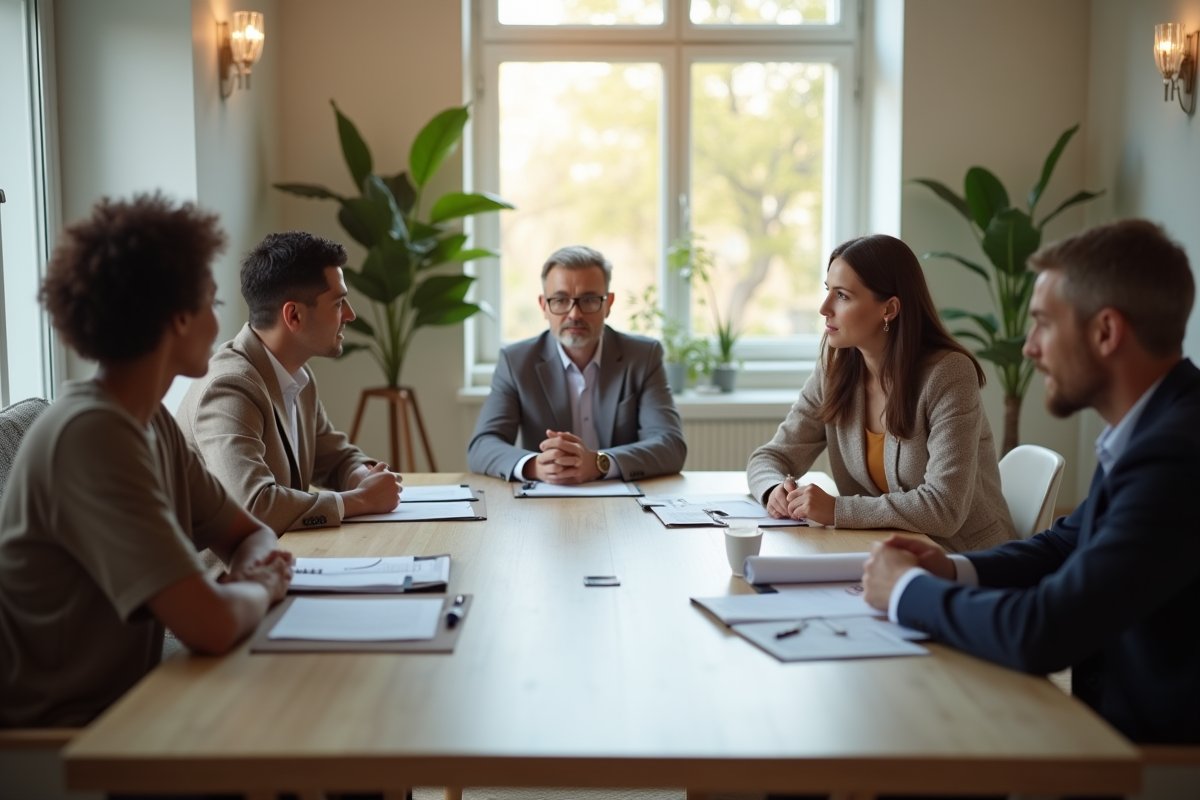 Réunion entre propriétaire et locataires dans un salon lumineux