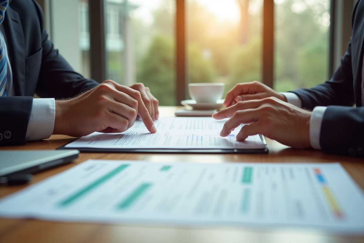 Réunion professionnelle entre client et expert dans un bureau lumineux