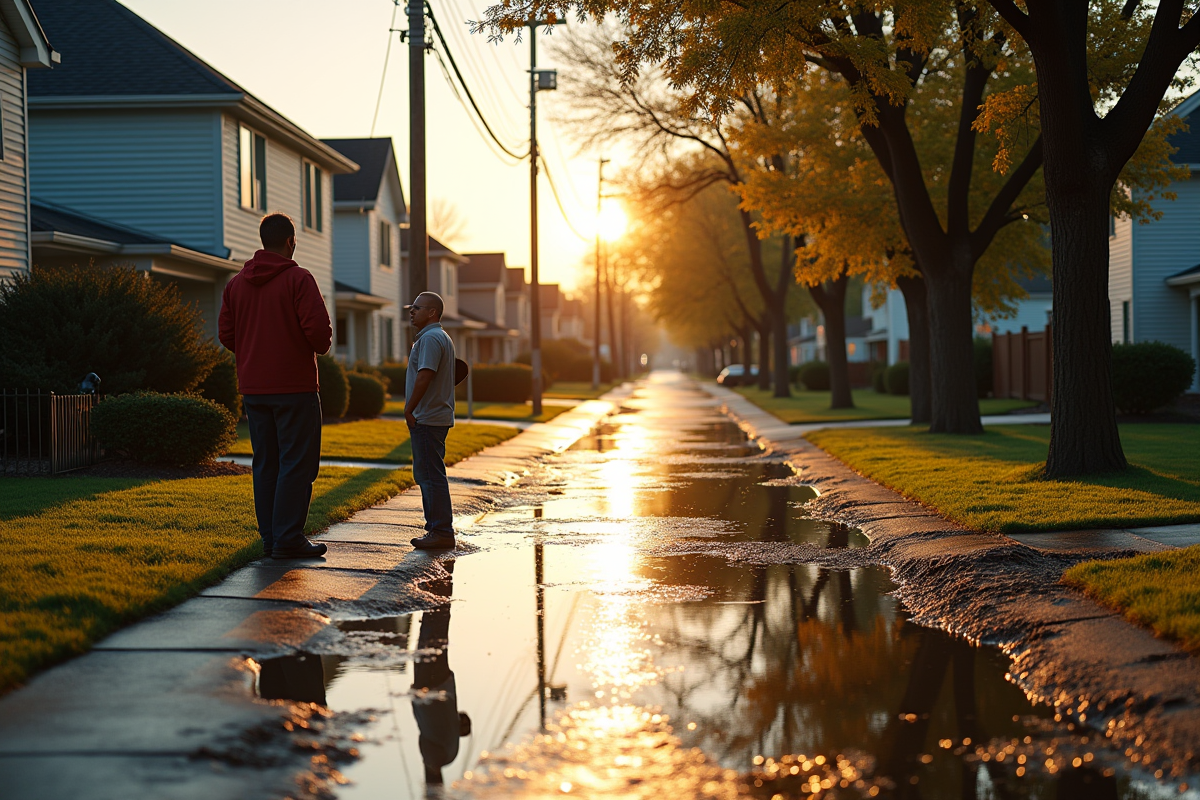 Rue de banlieue inondée avec habitants et ouvrier municipal