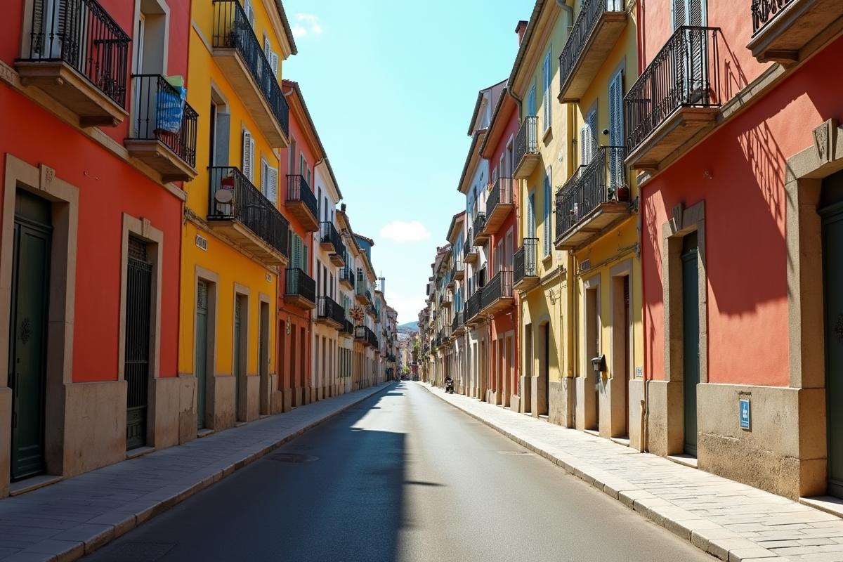 Rue résidentielle colorée à Mille avec panneaux à vendre