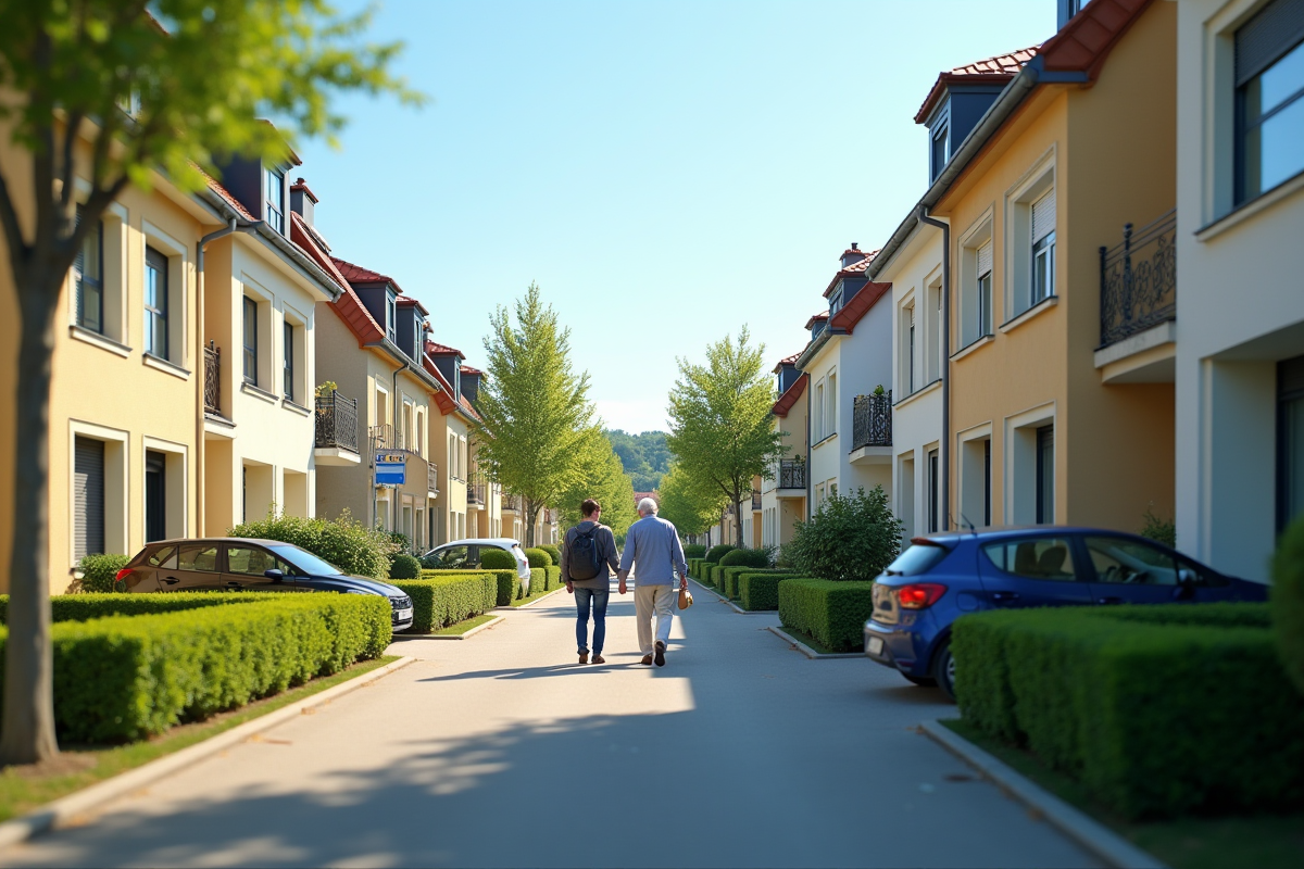 Rue résidentielle en France avec couple discutant devant une maison