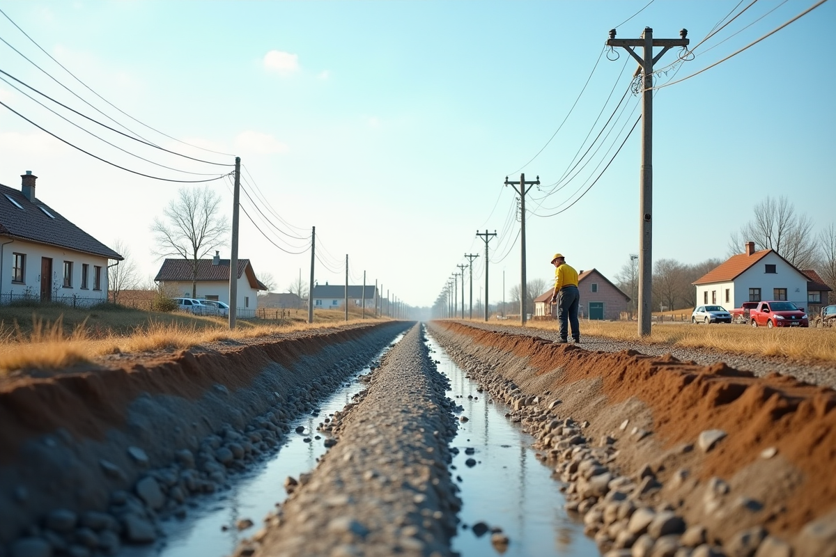 Bord de village avec route et travaux d