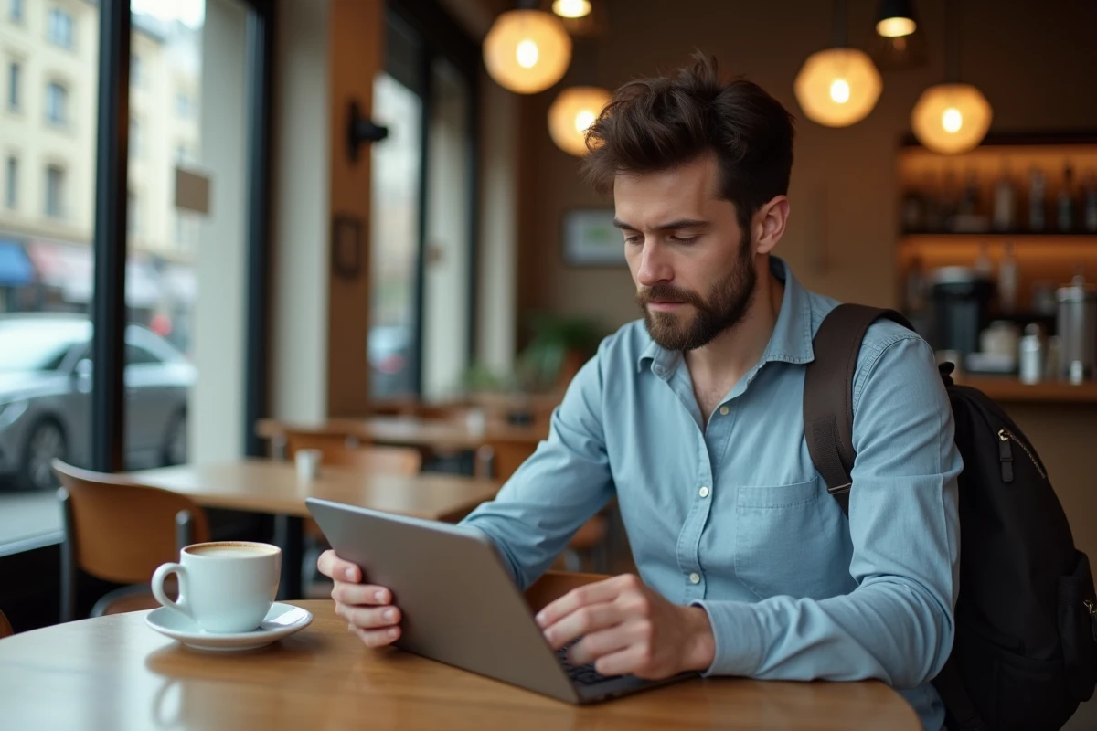 Salarié en CDD remplissant un formulaire en ligne sur une tablette dans un café urbain