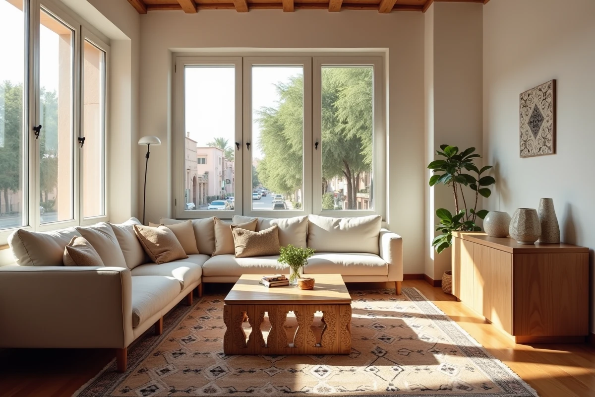 Salon d'un appartement à vendre à Guéliz Marrakech avec décoration marocaine contemporaine