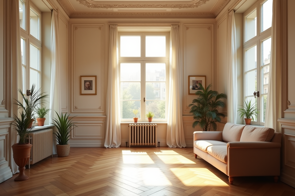 Salon lumineux avec hauts plafonds et parquet ancien