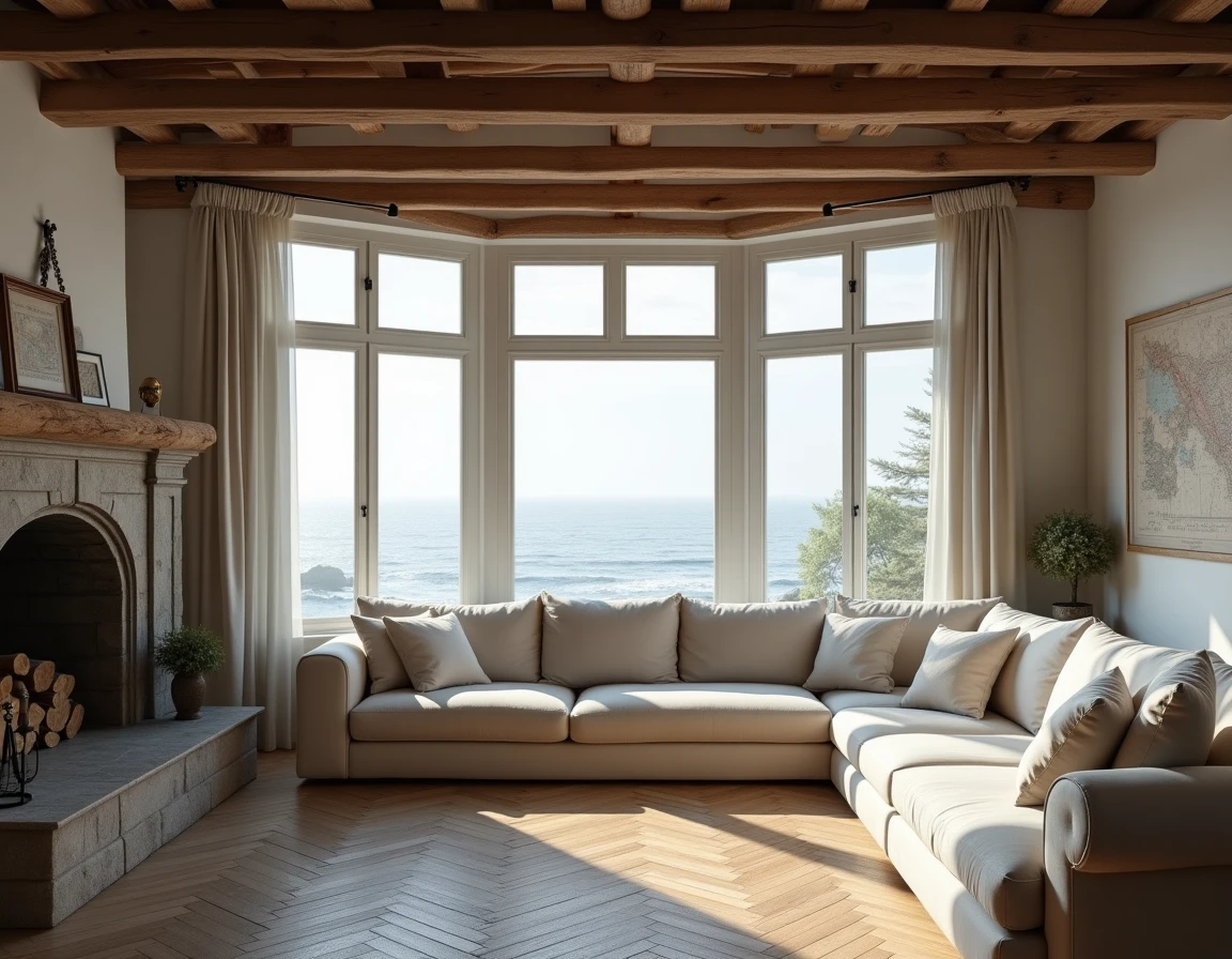 Salon intérieur d'une maison normande avec poutres apparentes et grande baie vitrée vue sur la mer