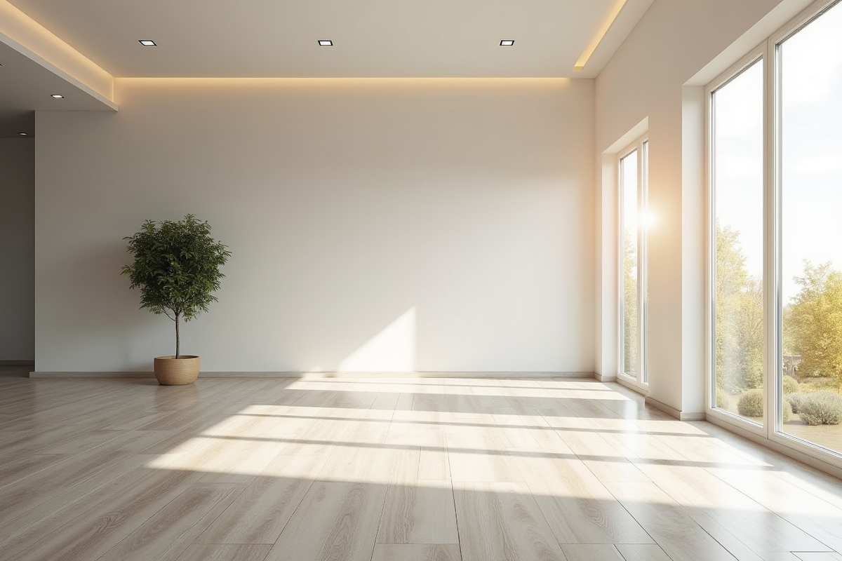 Salon moderne et vide avec grande fenetre et lumière naturelle