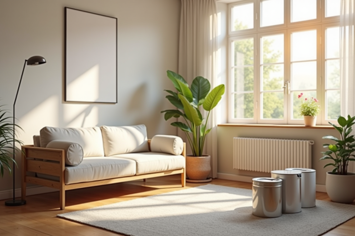 Salon lumineux et rénové avec mobilier moderne et grande fenetre