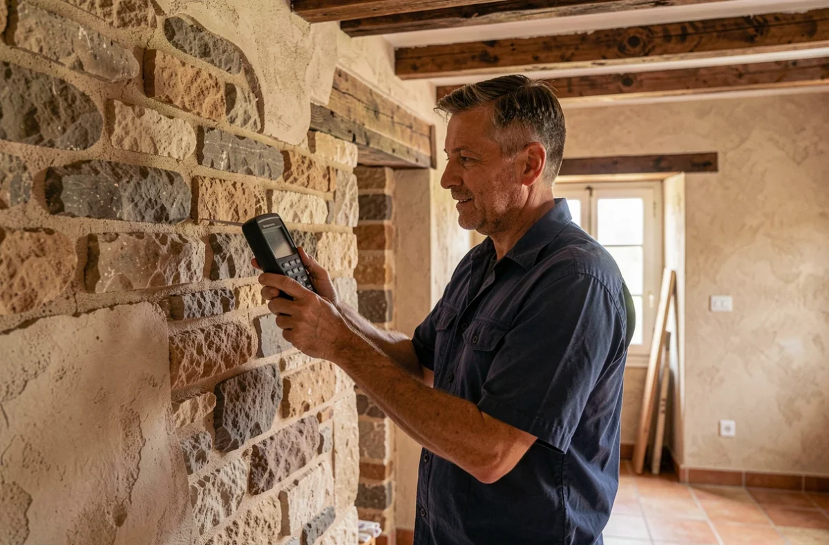 Diagnostiqueur de la Sarl Laes mesurant l'humidité d'un mur en pierre dans une maison ancienne à Agde