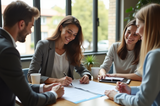 Jeune couple souriant signant un contrat immobilier dans un bureau lumineux