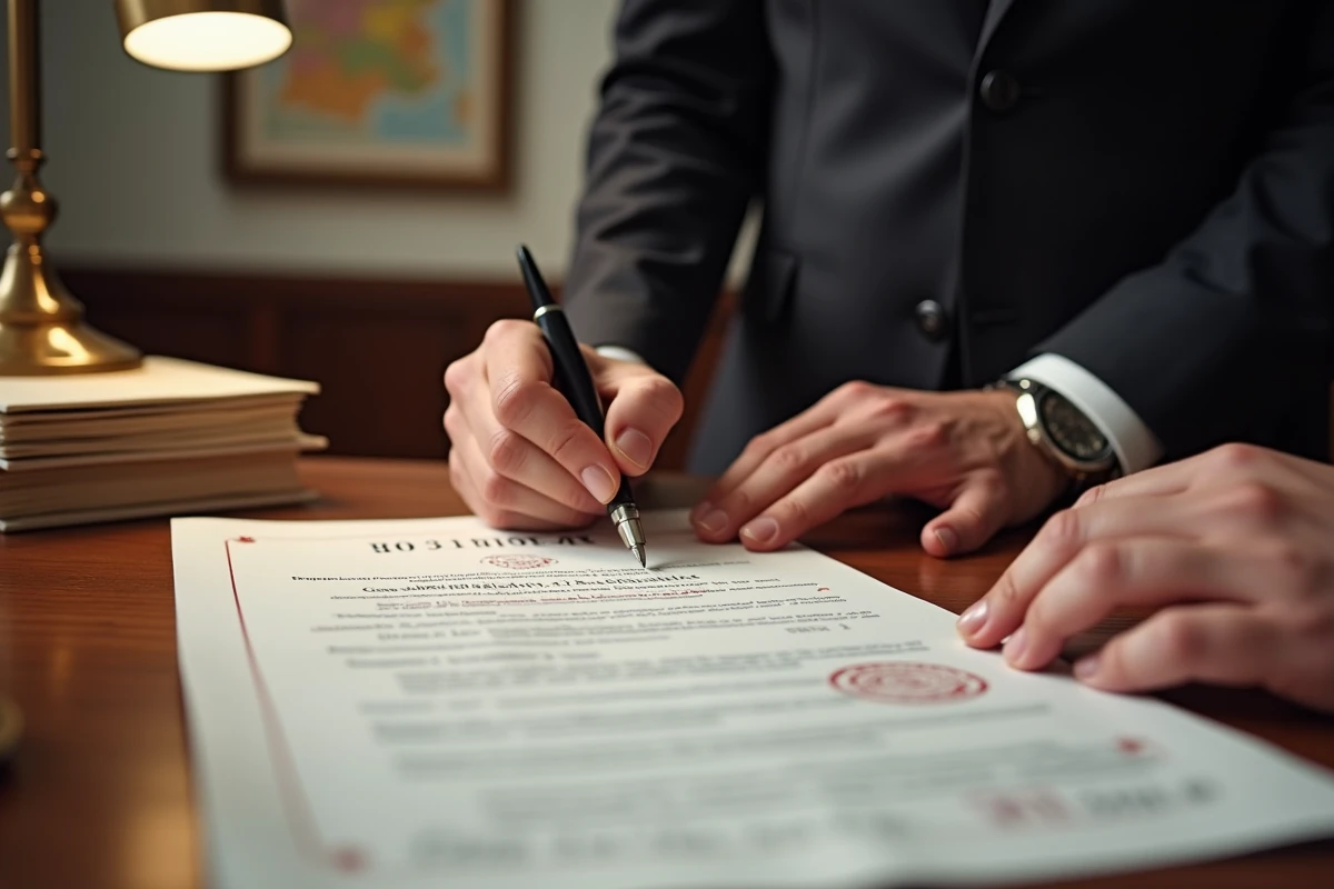 Signature d'un acte de vente immobilière avec stylo plume sur un contrat notarié portant un cachet officiel, illustrant la garantie d'éviction en droit civil français