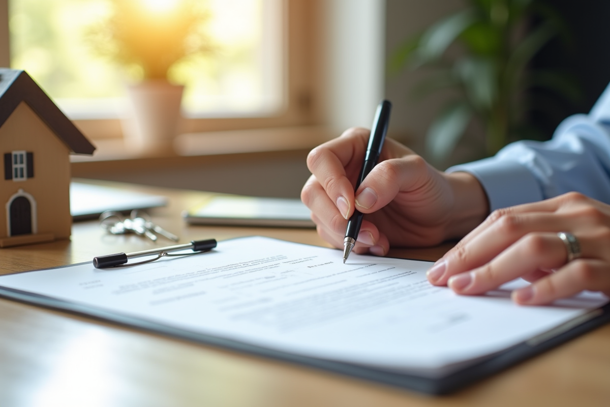 Mains signant un contrat de mortgage avec clés et maison miniature