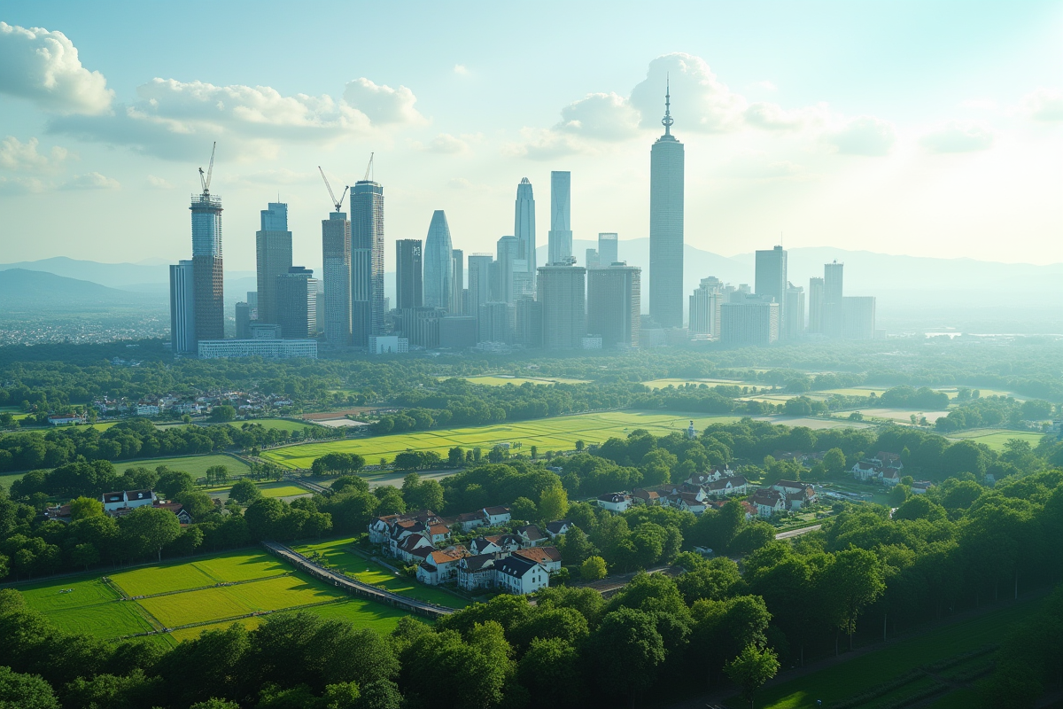 Silhouette d'une ville moderne avec paysage rural vert