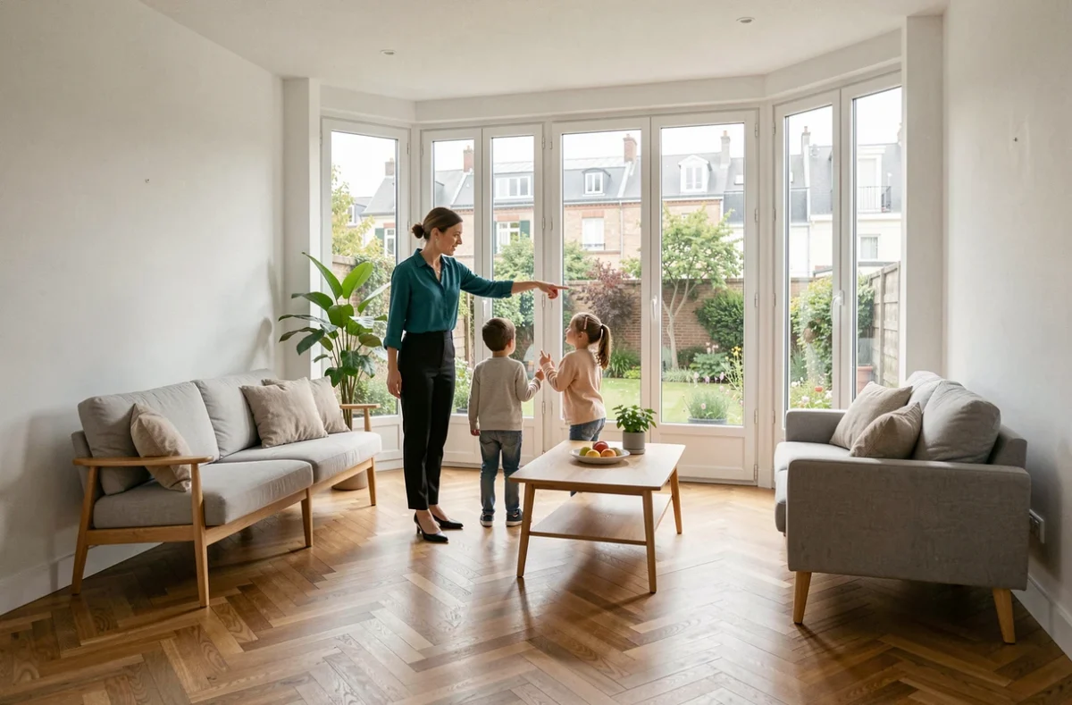 Conseillère Square Habitat faisant visiter un appartement moderne à une famille à Rennes