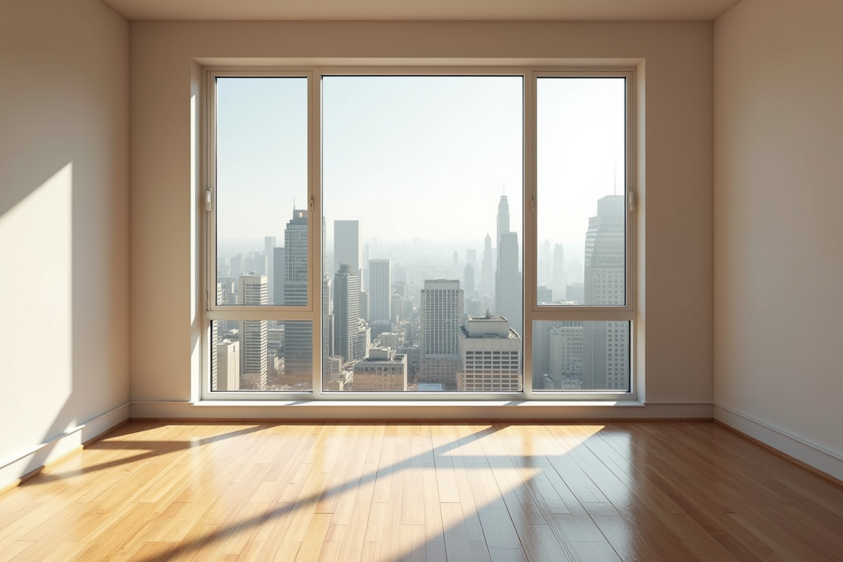 Studio vide lumineux avec vue sur la ville à travers une grande fenêtre