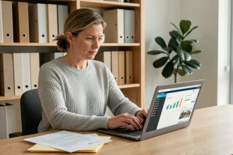 Femme consultant son compte copropriété en ligne sur un ordinateur portable avec des courriers papier posés à côté