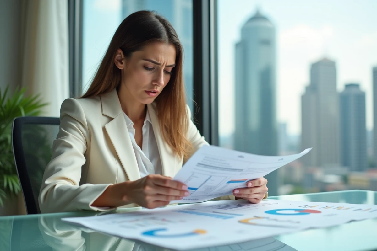 Conseill&egrave;re immobili&egrave;re analysant des graphiques de march&eacute; local pour corriger une surestimation ou sous-estimation d'un bien de prestige