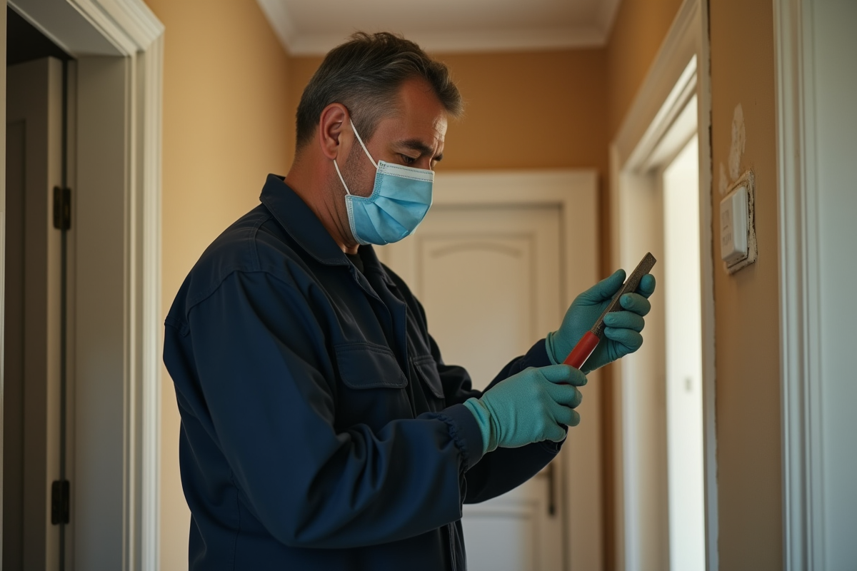 Technicien en tenue scrutant un plafond ancien dans un appartement