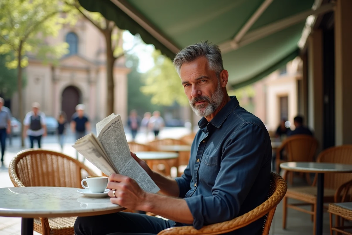 Terrasse de café animée sur la Place des Carmes à Toulouse avec l'église en arrière-plan
