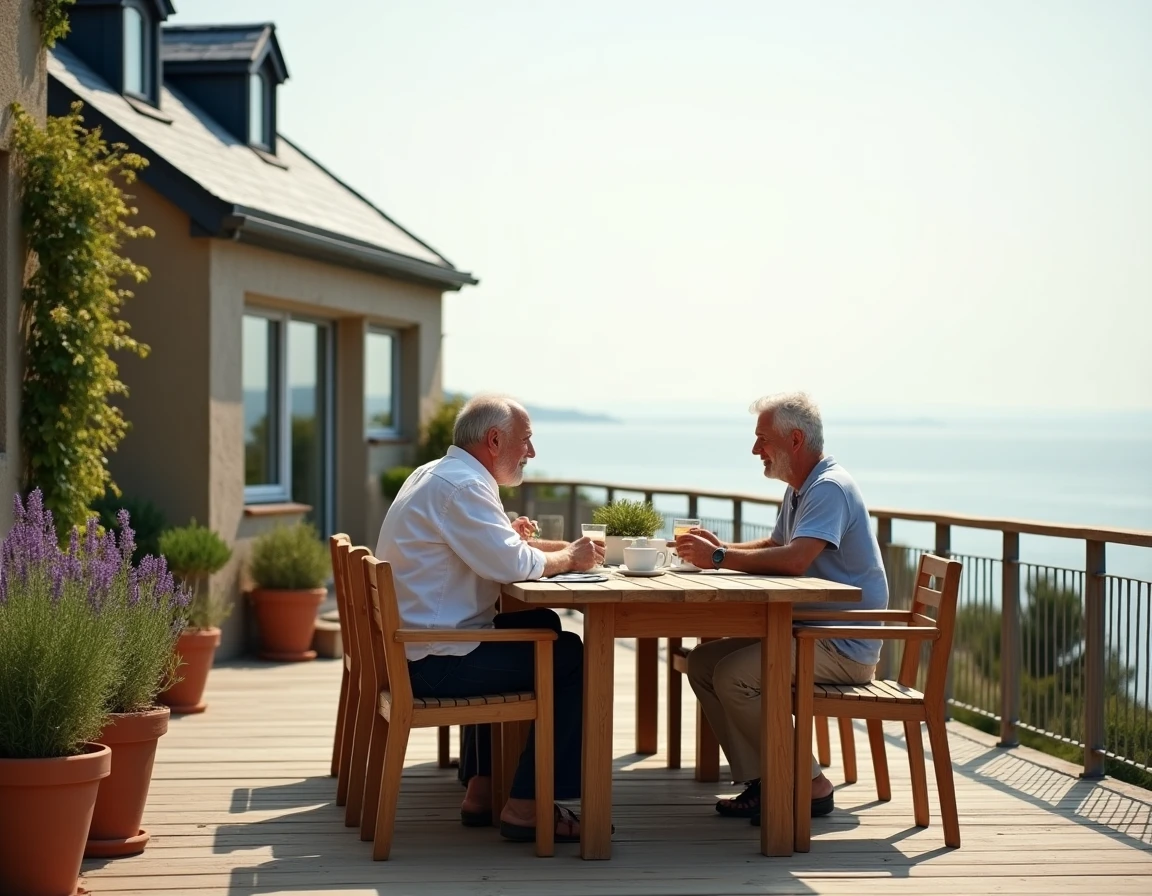 Terrasse en bois d'une maison normande avec vue mer où un couple prend le café en plein air