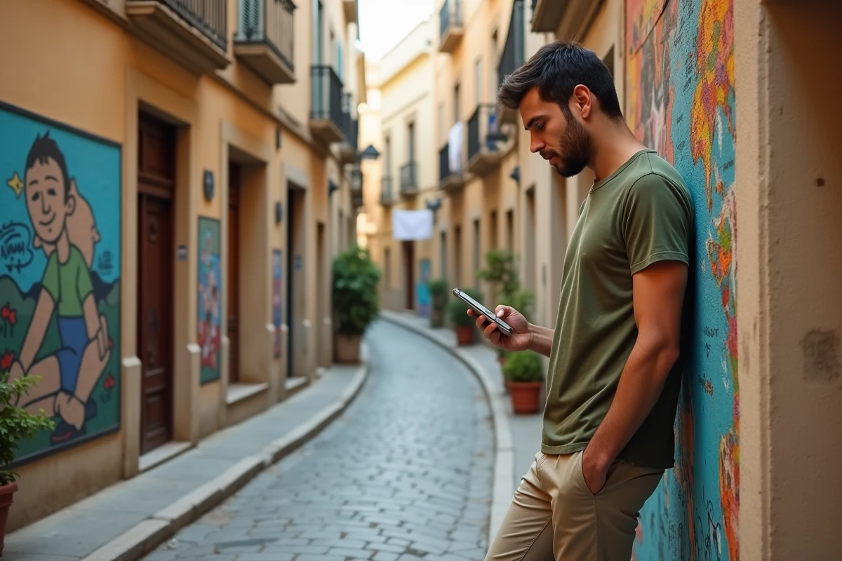 Touriste navigant avec son téléphone dans les ruelles du quartier Le Panier à Marseille