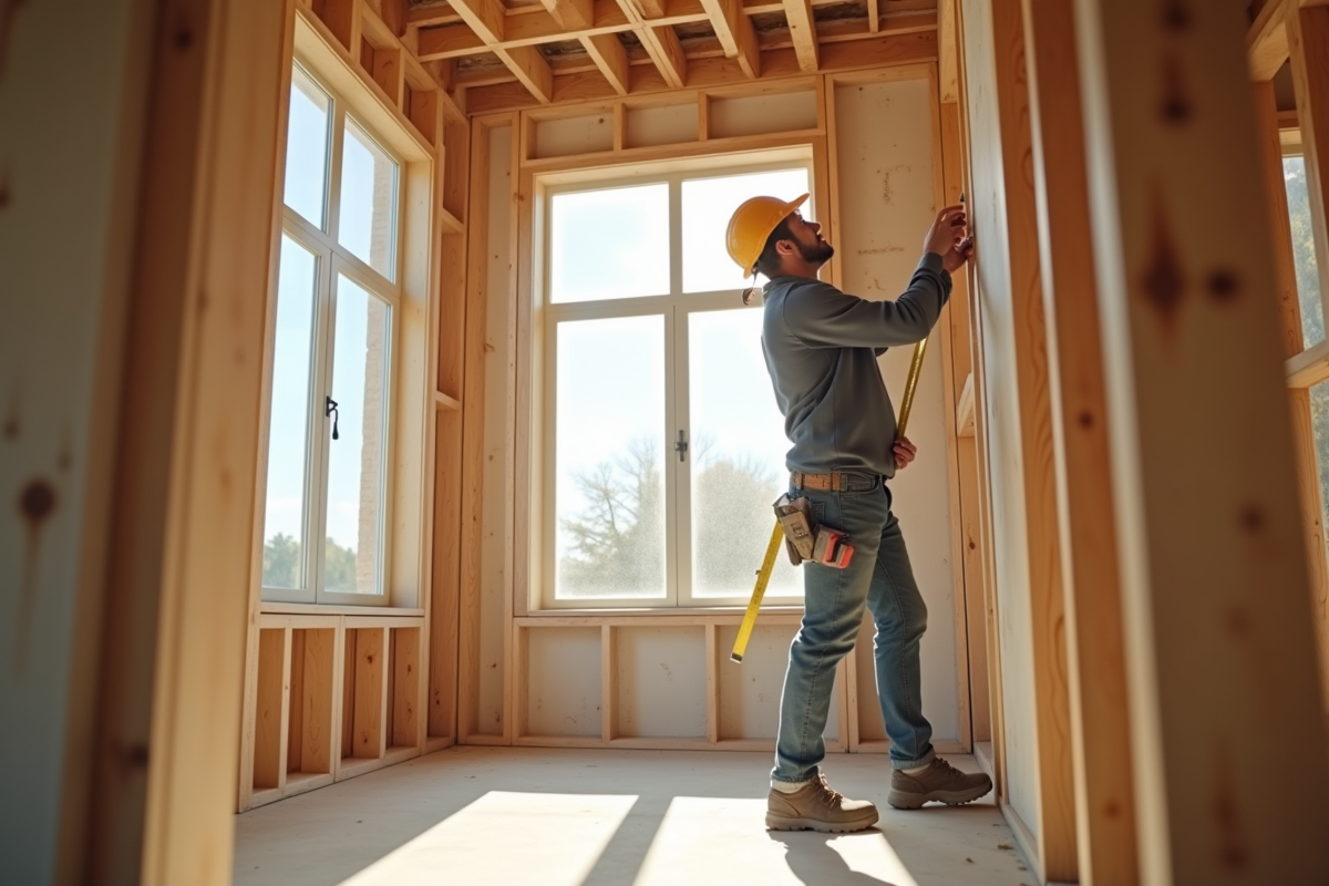 Ouvrier mesurant un mur dans une maison en rénovation