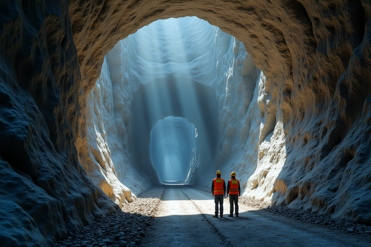 Tunnel dans la montagne avec ingénieurs en plans