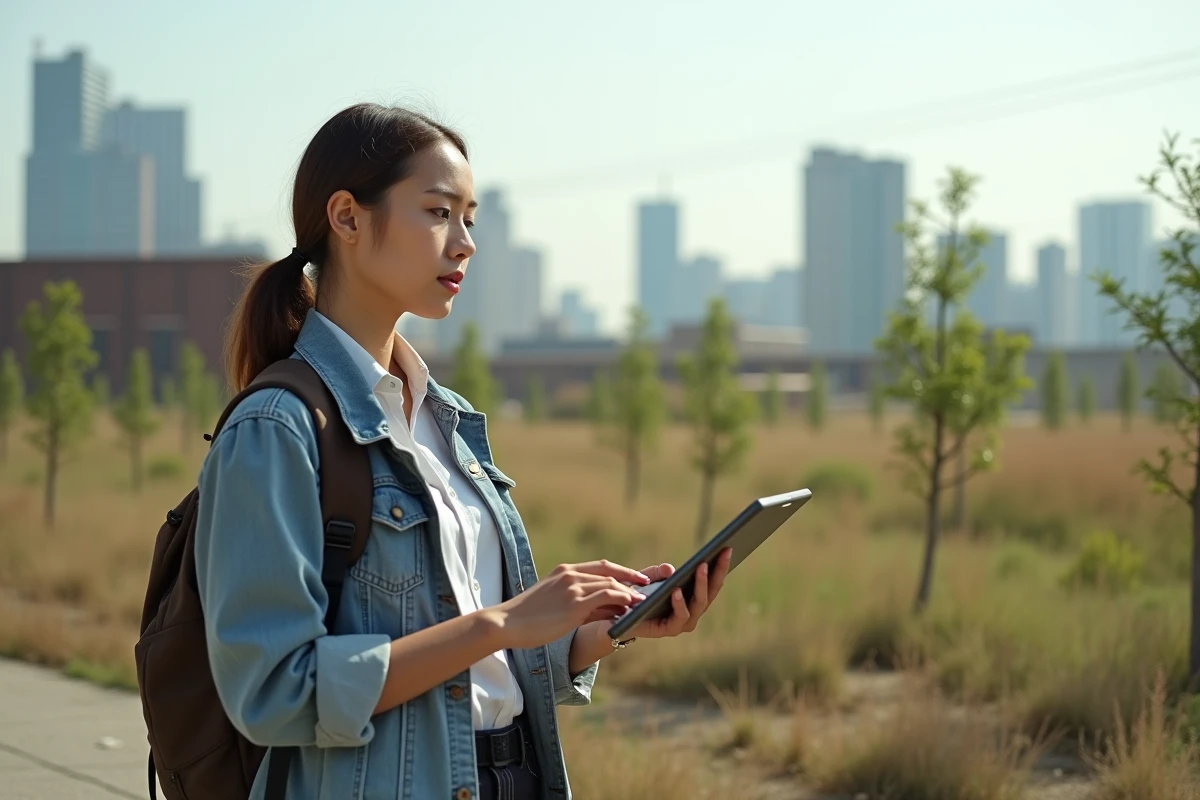 Jeune urbaniste consultante un terrain urbain d&eacute;saffecte