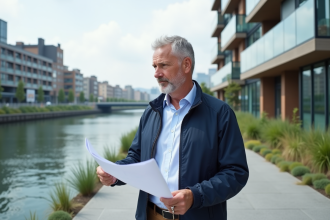 Urbaniste en promenade au bord de l'eau avec bâtiments modernes