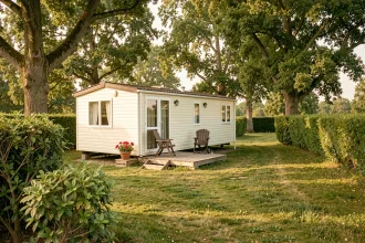 Mobil-home sur parcelle de terrain à vendre en Vendée, entouré de végétation verte, idéal pour investissement locatif saisonnier