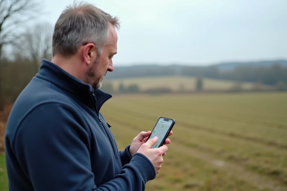 Homme vérifiant les limites d'une parcelle agricole sur une application cadastrale depuis son smartphone en extérieur