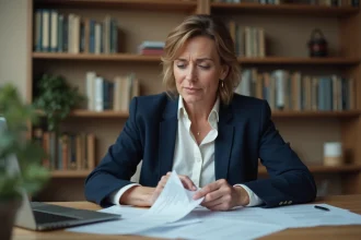 Femme propriétaire examinant des documents juridiques relatifs à un vice caché dans son bureau à domicile