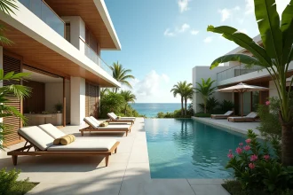 Villa de luxe moderne avec piscine à débordement à l'île Maurice, entourée de végétation tropicale luxuriante