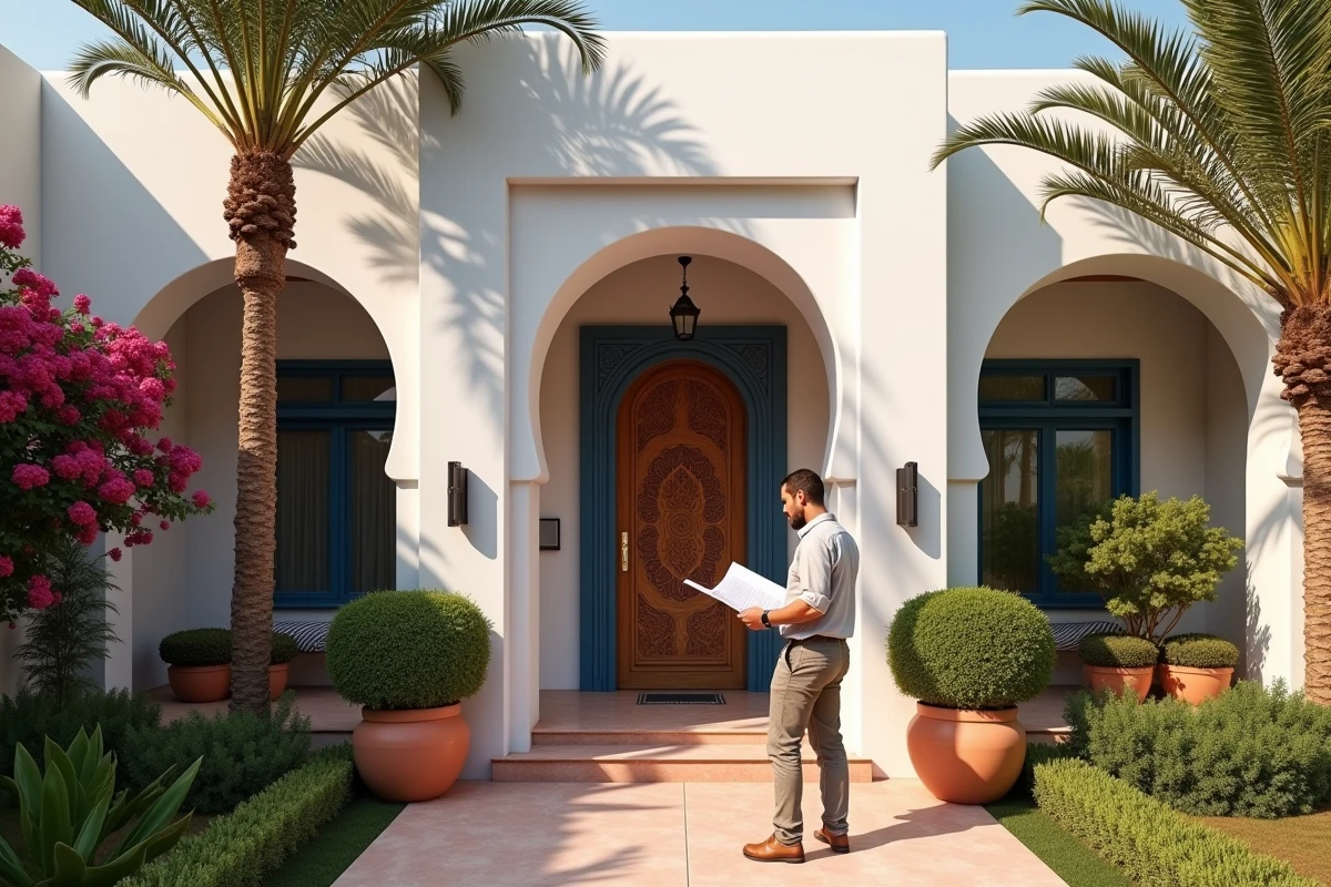 Facade d'une villa de luxe à vendre dans la Palmeraie de Marrakech avec jardin verdoyant et entrée traditionnelle en bois sculpté