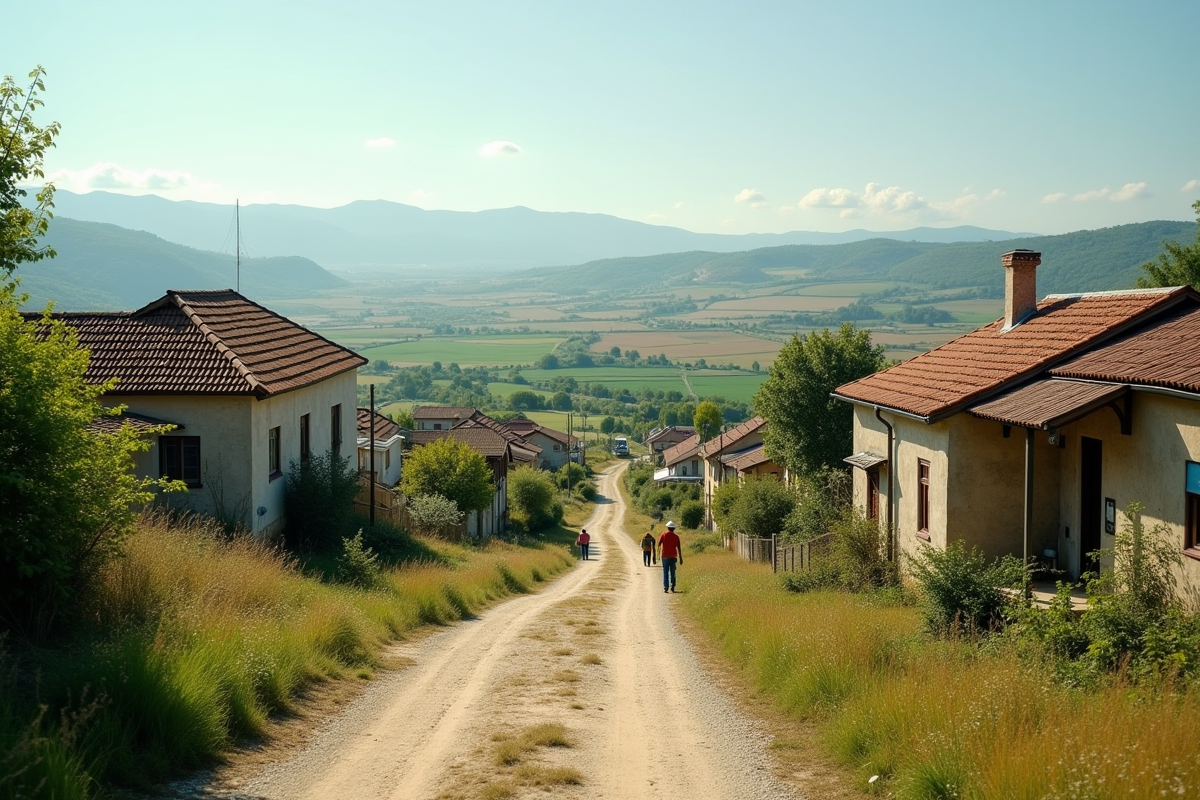Village rural avec maisons et champs en arrière-plan