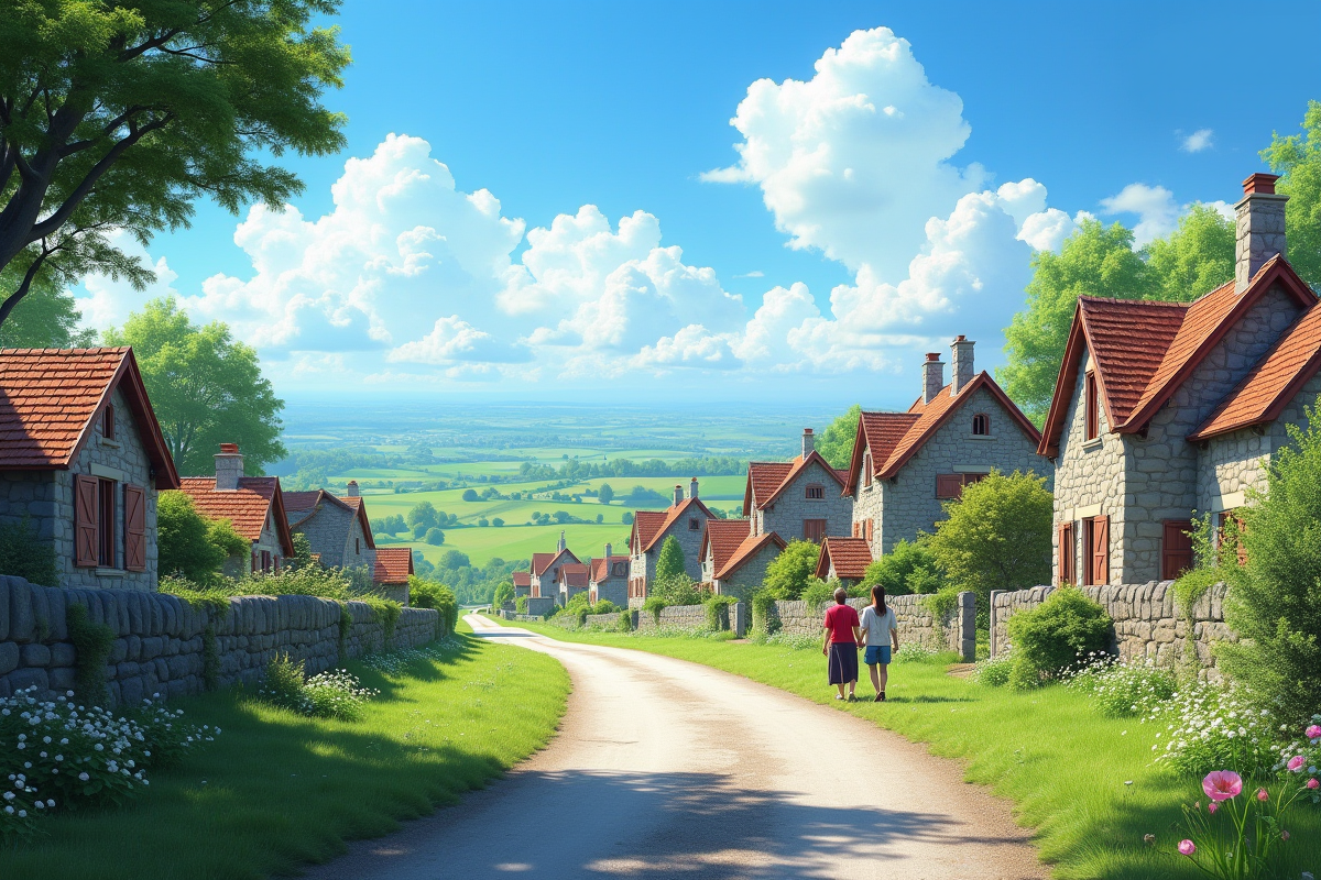 Village rural avec maisons en pierre et champs verts
