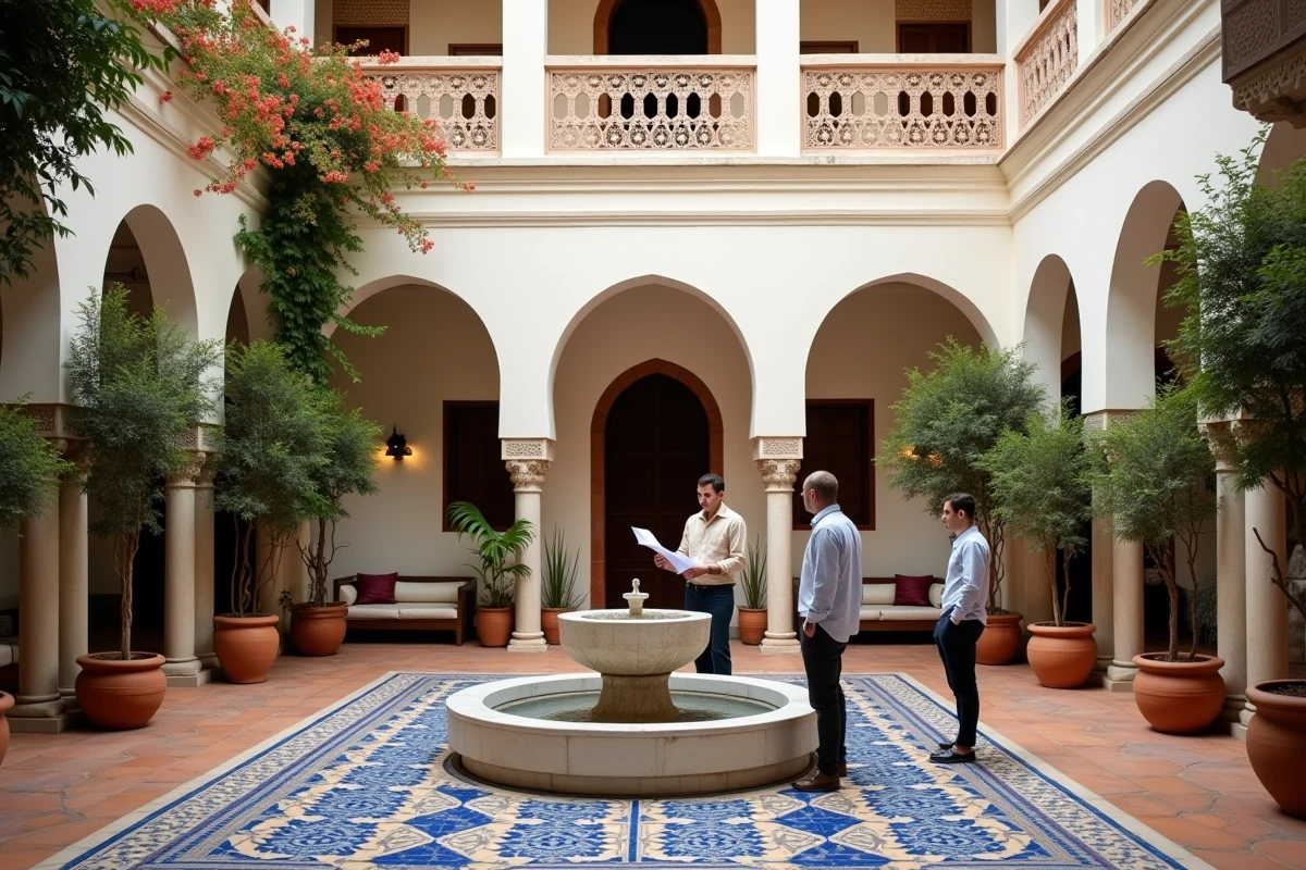 Architecte et acheteurs visitant le patio intérieur d'une maison traditionnelle à vendre à Marrakech