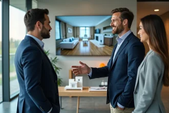 Agent immobilier présentant une visite virtuelle 360 degrés d'une maison témoin à des prospects sur un écran tactile en agence