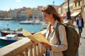 Voyageuse consultant une carte de Marseille sur le Vieux-Port pour repérer les quartiers à visiter