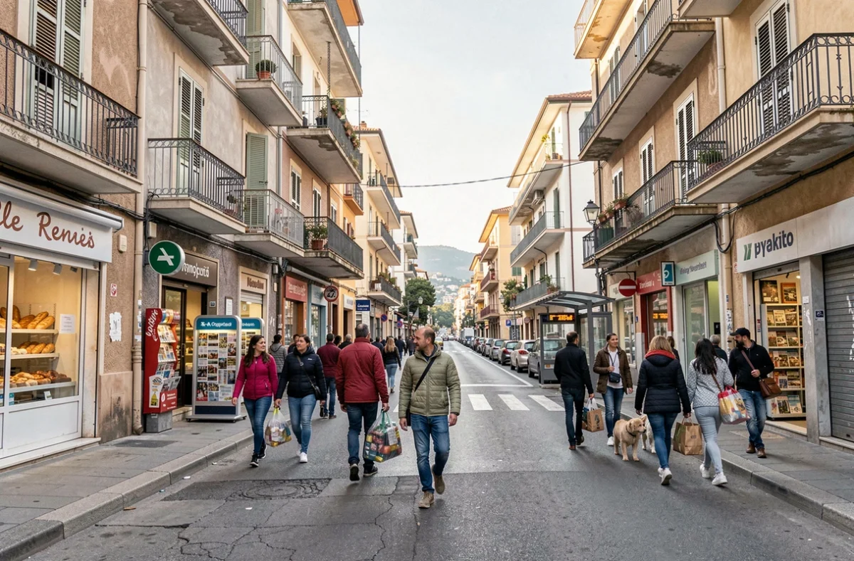 Vue de rue animée dans un quartier résidentiel et commerçant de Nice avec passants et commerces locaux