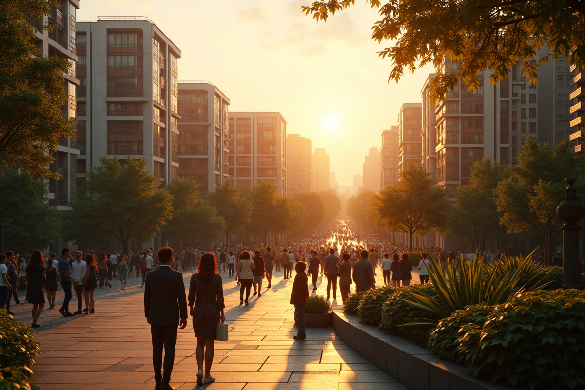 Vue de la ville au coucher du soleil avec parc et architecture moderne